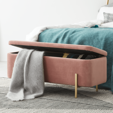 Asare 110cm Upholstered Ottoman Storage Bench, Blush Pink & Brass