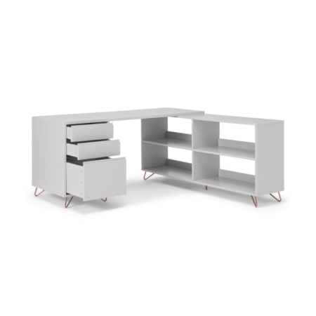 Elona Corner Desk with Open Sideboard, Grey & Copper