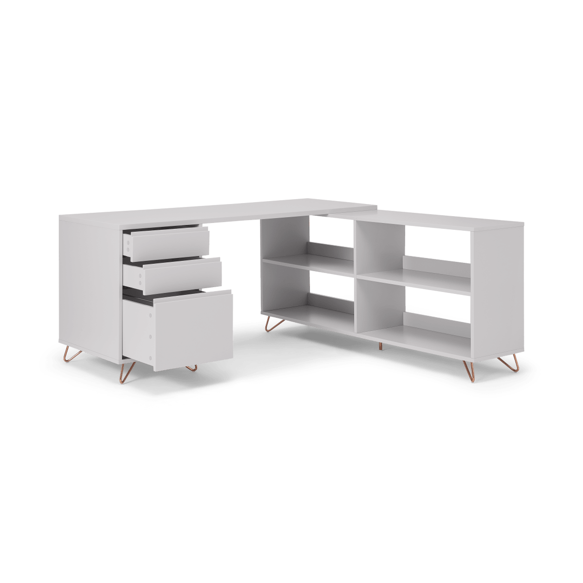 Elona Corner Desk with Open Sideboard, Grey & Copper • Sofas Etc