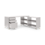 Elona Corner Desk with Open Sideboard, Ivory White & Brass