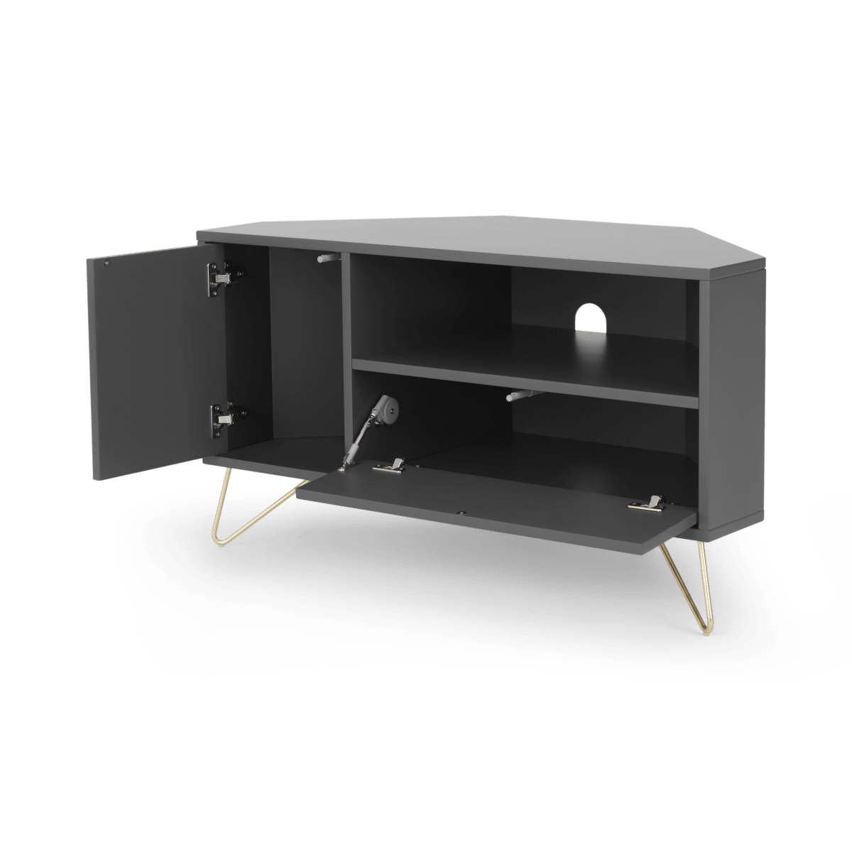 Elona Corner Media Unit, Charcoal and Brass • Sofas Etc