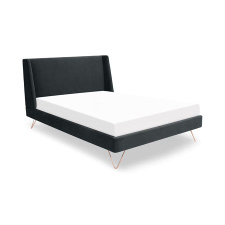 Elona Double Bed, Midnight Grey Velvet & Copper Legs