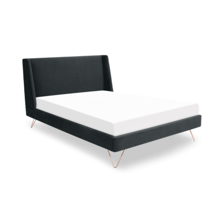 Elona King Size Bed, Midnight Grey Velvet & Copper Legs