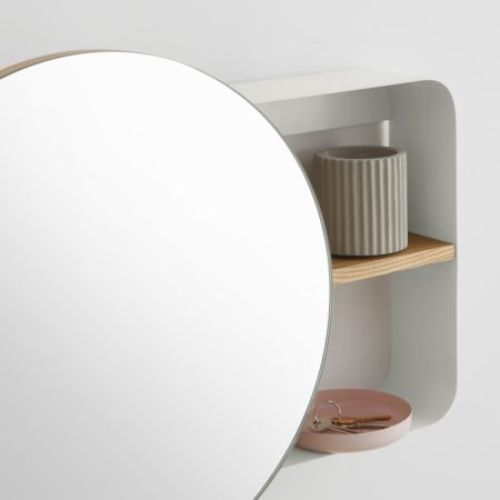 Joris Metal & Wood Round Mirror with Shelving Unit, Off White