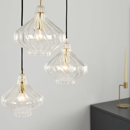 Kaleido Cluster Pendant Light, Clear Glass and Brass