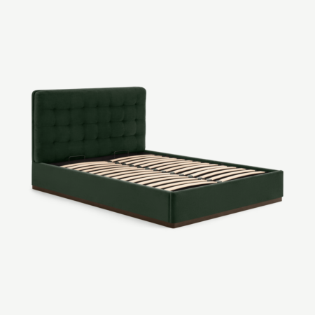 Lavelle Super King Size Ottoman Storage Bed, Laurel Green Velvet & Walnut Stain Plinth