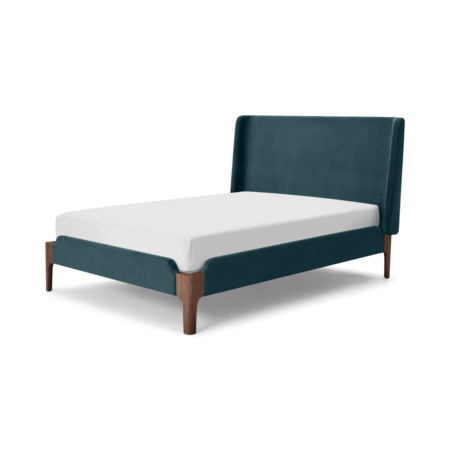 Roscoe Double Bed, Steel Blue Velvet & Dark Stain Oak Legs