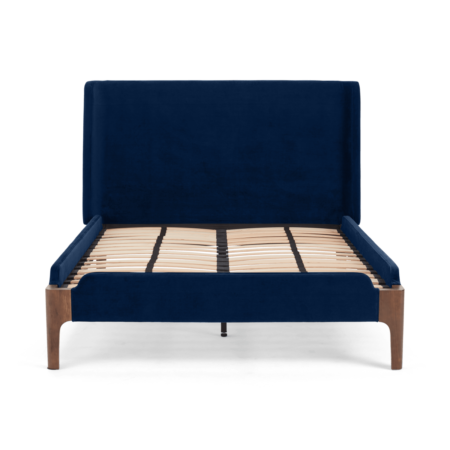 Roscoe King Size Bed, Royal Blue Velvet & Dark Stain Oak Legs