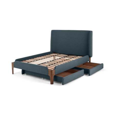 Roscoe Super King Size Bed With Storage Drawers, Aegean Blue & Dark Stain Oak Legs