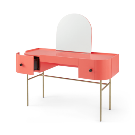 Tandy Dressing Table, Coral Pink with Gloss Black Handles & Brass Legs