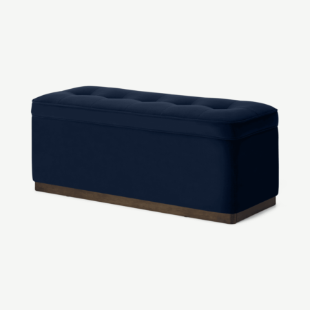 Lavelle Ottoman Bench with Walnut Stain Plinth, Ink Blue Velvet