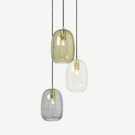 Lykke 3 Light Cluster Chandelier Pendant, Green Multi & Brass