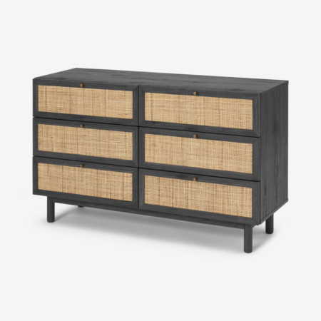 Pavia Wide Chest of Drawers, Natural Rattan & Black Wood Effect