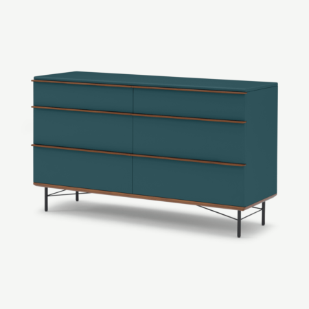 Vincent Wide Chest of Drawers, Petrol Blue & Walnut Stain