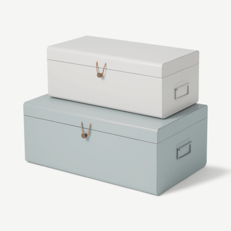Daven Set of 2 Metal Storage Box Trunks, Soft Blue & Off White