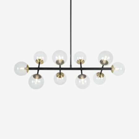 Globe Pendant Chandelier Wide, Black, Antique Brass and Light Smoke Glass