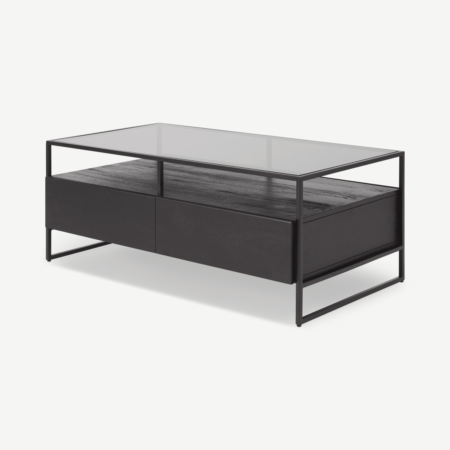 Kilby Storage Coffee Table, Black Stained Mango Wood and Smoked Glass