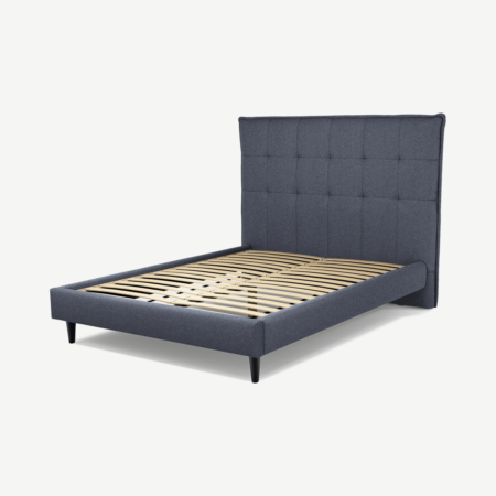 Lamas Double Bed, Navy Wool with Black Stained Oak Legs