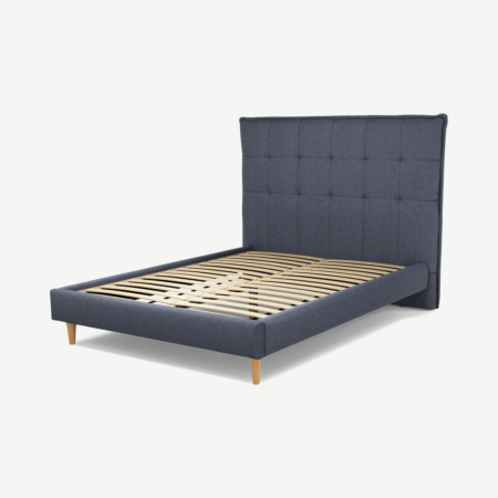 Lamas Double Bed, Navy Wool with Oak Legs