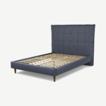 Lamas Double Bed, Navy Wool with Walnut Stained Oak Legs