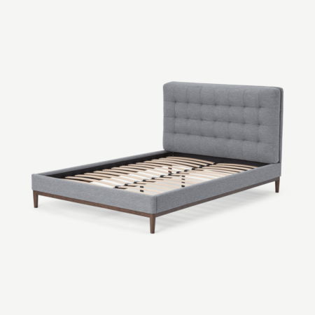 Lavelle Double Bed, Blue Grey Tonal Weave & Walnut Stain Legs