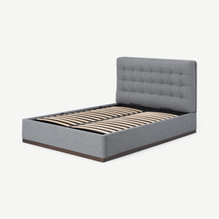 Lavelle Double Ottoman Bed, Blue Grey Tonal Weave & Walnut Stain Plinth