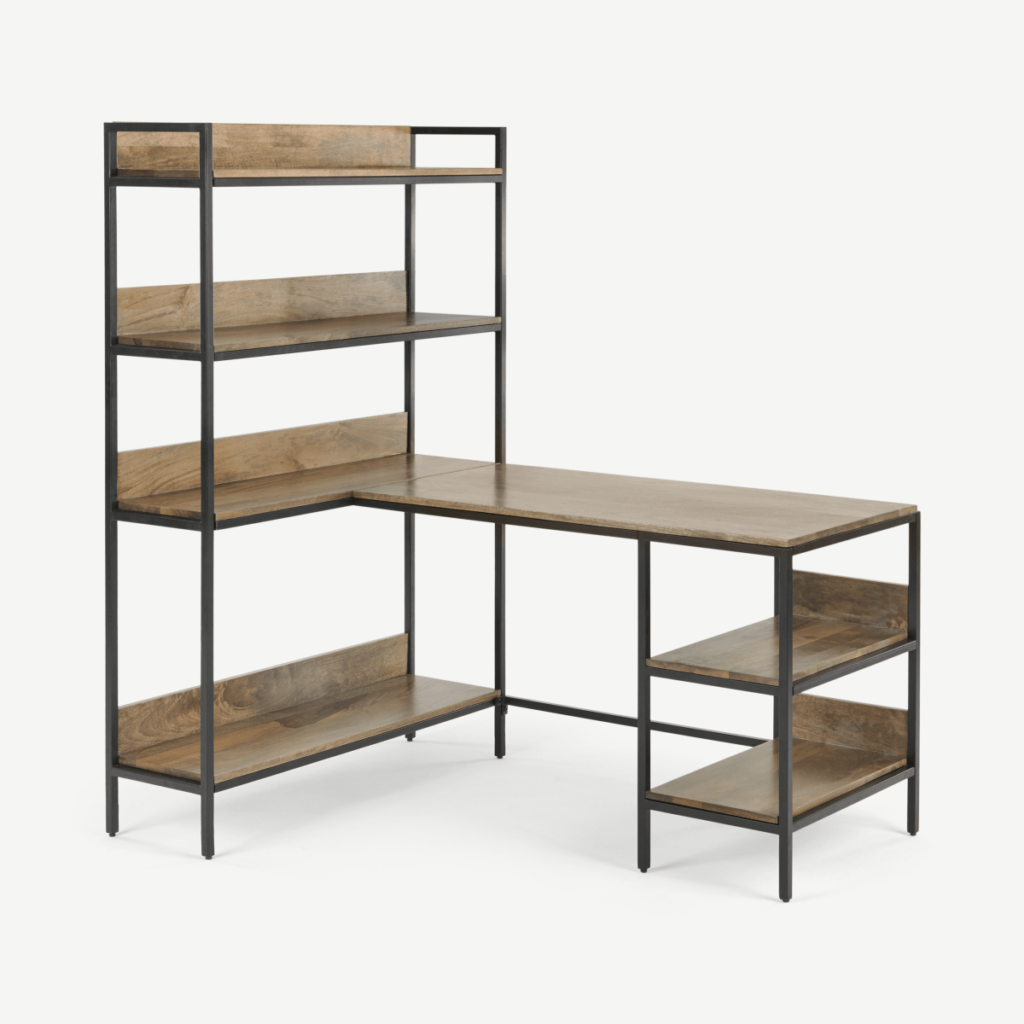 Lomond Adjustable Corner Desk with Shelves, Mango Wood and Black • Sofas Etc