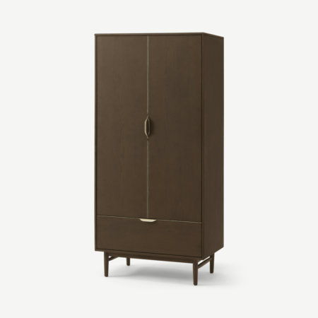 Mallory Double Wardrobe, Walnut Stained Oak & Brass