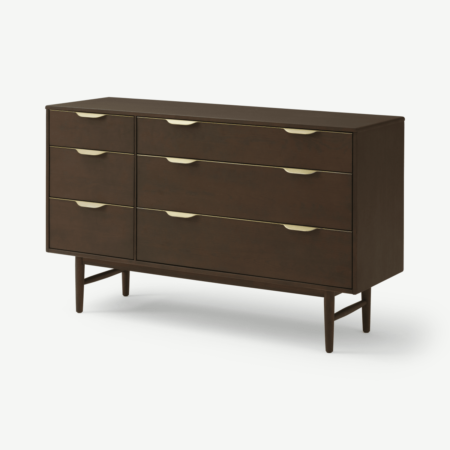 Mallory Wide Chest of Drawers, Walnut Stained Oak & Brass