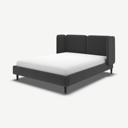 Ricola Double Bed, Ashen Grey Cotton Velvet with Black Stained Oak Legs