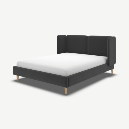 Ricola Double Bed, Ashen Grey Cotton Velvet with Oak Legs