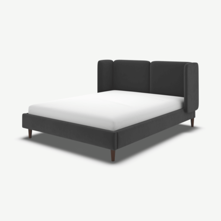 Ricola Double Bed, Ashen Grey Cotton Velvet with Walnut Stained Oak Legs