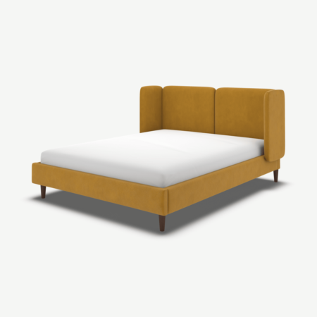 Ricola Double Bed, Dijon Yellow Cotton Velvet with Walnut Stained Oak Legs