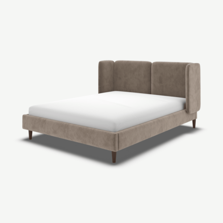Ricola Double Bed, Mole Grey Velvet with Walnut Stained Oak Legs