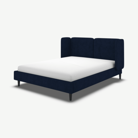 Ricola Double Bed, Prussian Blue Cotton Velvet with Black Stained Oak Legs