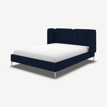 Ricola Double Bed, Prussian Blue Cotton Velvet with Brass Legs