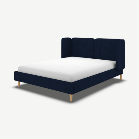 Ricola Double Bed, Prussian Blue Cotton Velvet with Oak Legs
