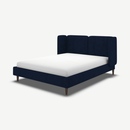 Ricola Double Bed, Prussian Blue Cotton Velvet with Walnut Stained Oak Legs