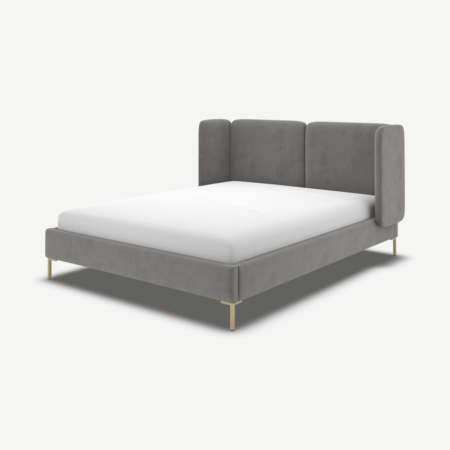 Ricola Double Bed, Steel Grey Velvet with Brass Legs