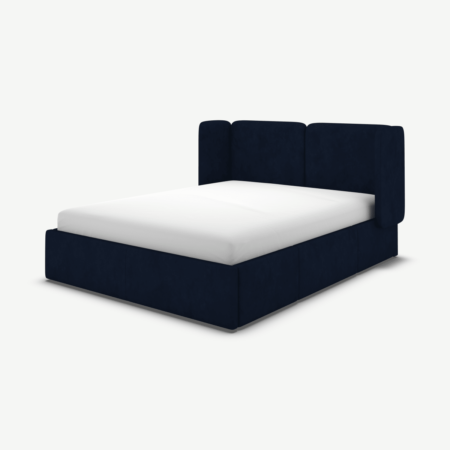 Ricola Double Bed with Storage Drawers, Prussian Blue Cotton Velvet