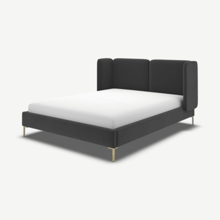 Ricola King Size Bed, Ashen Grey Cotton Velvet with Brass Legs