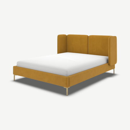 Ricola King Size Bed, Dijon Yellow Cotton Velvet with Brass Legs