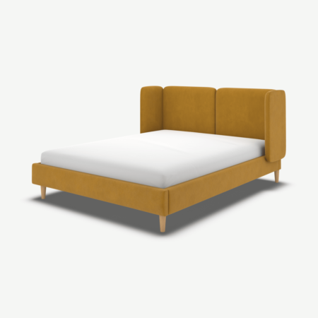 Ricola King Size Bed, Dijon Yellow Cotton Velvet with Oak Legs