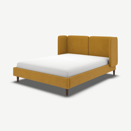 Ricola King Size Bed, Dijon Yellow Cotton Velvet with Walnut Stained Oak Legs
