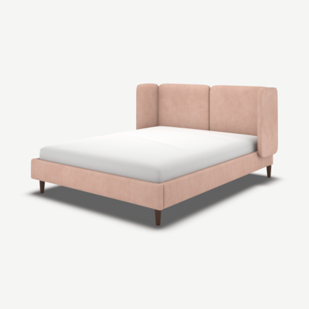 Ricola King Size Bed, Heather Pink Velvet with Walnut Stained Oak Legs