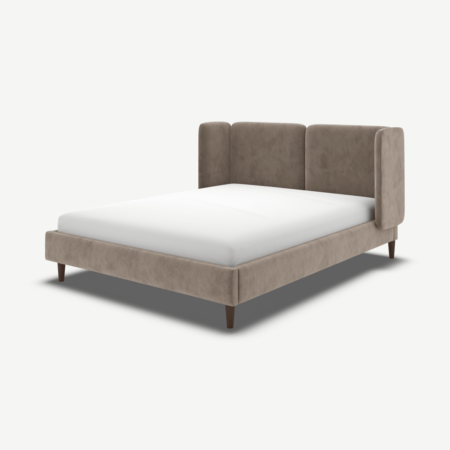 Ricola King Size Bed, Mole Grey Velvet with Walnut Stained Oak Legs