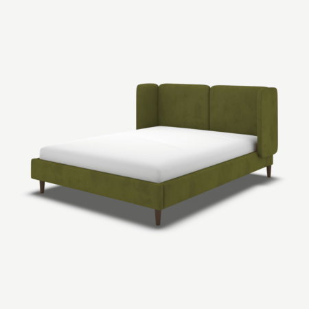 Ricola King Size Bed, Nocellara Green Velvet with Walnut Stained Oak Legs