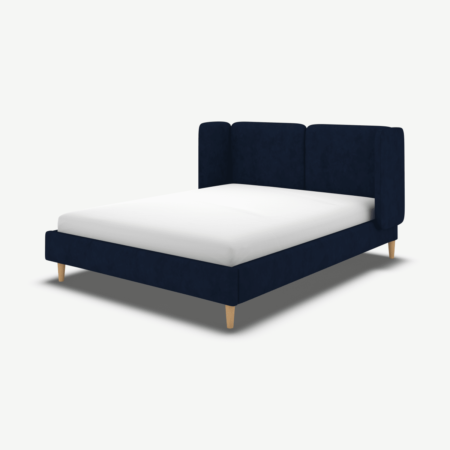 Ricola King Size Bed, Prussian Blue Cotton Velvet with Oak Legs