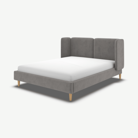 Ricola King Size Bed, Steel Grey Velvet with Oak Legs