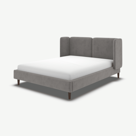 Ricola King Size Bed, Steel Grey Velvet with Walnut Stained Oak Legs